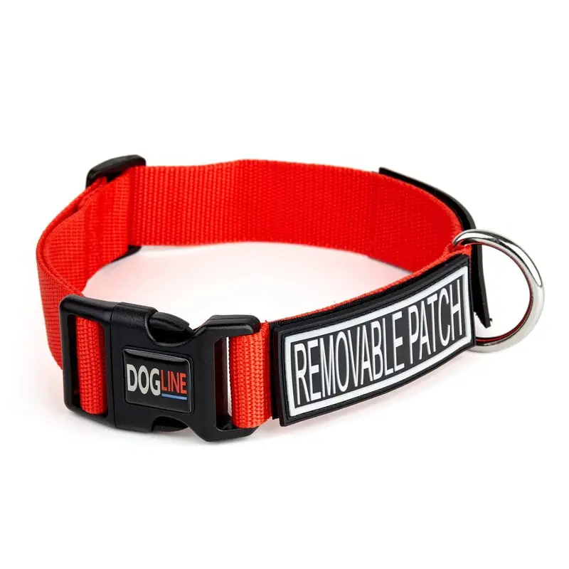 Dogline Omega Nylon Flat Dog Collar with Hook for Patches - Red