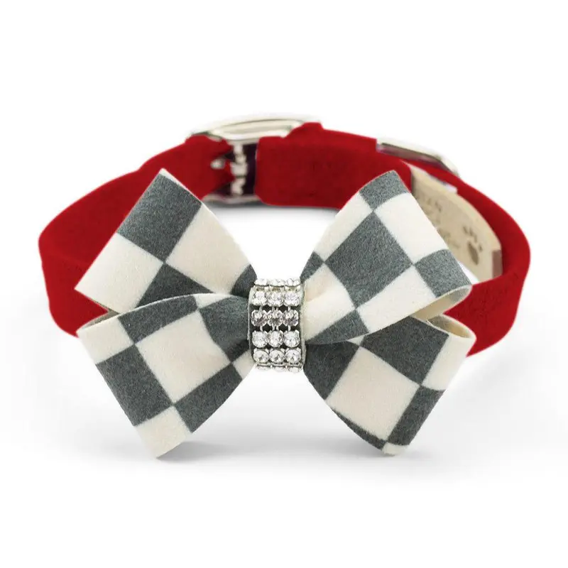 Susan Lanci Windsor Check Nouveau Bow Luxury Dog Collar - Red