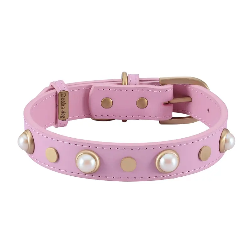 Dosha Dog Boho Glass Pearl Leather Dog Collar - Pink