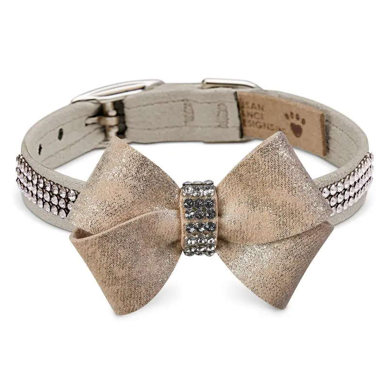 Susan Lanci Champagne Glizerati Nouveau Bow 3 Row Giltmore Dog Collar - Doe