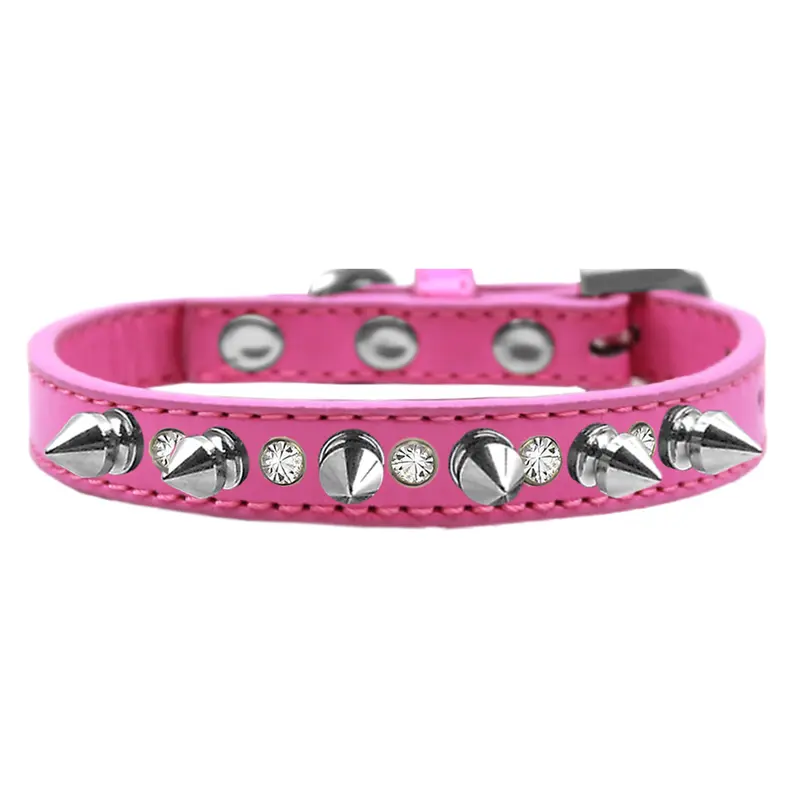 Crystals and Silver Spikes Dog Collar - Bright Pink