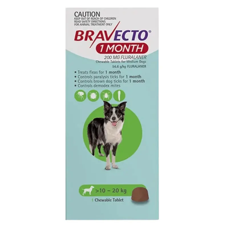 Bravecto 1 Month Chew for Medium Dog 10-20kg (Green)