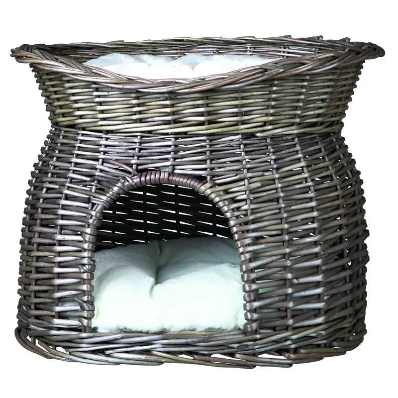 Trixie Wicker cave with bed on top and 2 cushions, 54 x 43 x 37 cm, grey