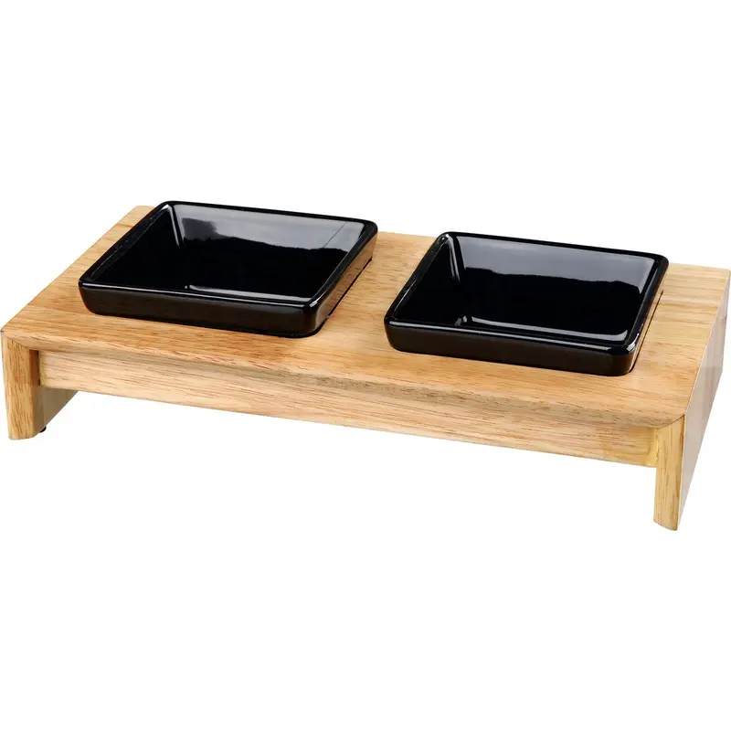 Trixie Bowl set, ceramic/wood, 2 x 0.2 l, 28 x 5 x 15 cm, bowls: black