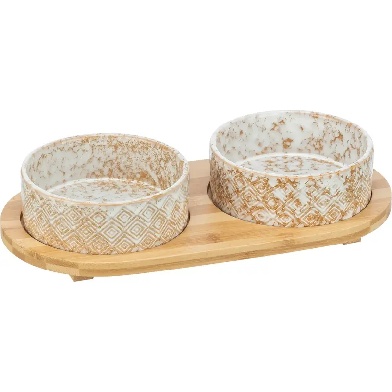 Trixie Bowl set, ceramic/bamboo, 2 x 0.8 l/diam. 16 cm/39 x 8 x 20 cm, white/ecru