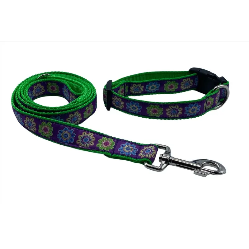 Purple Flower Power Ribbon Collars or Leads (1" Wide)