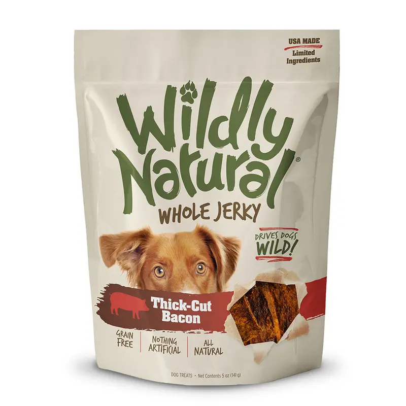 Wildly Natural Whole Jerky Strips Grain-Free Dog Treats Thick Cut Bacon 5oz (DD)