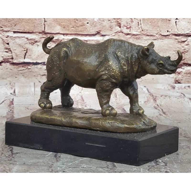 Bronze Rhino Rhinoceros Sculpture on Marble Base   Vintage Wildlife Figurine