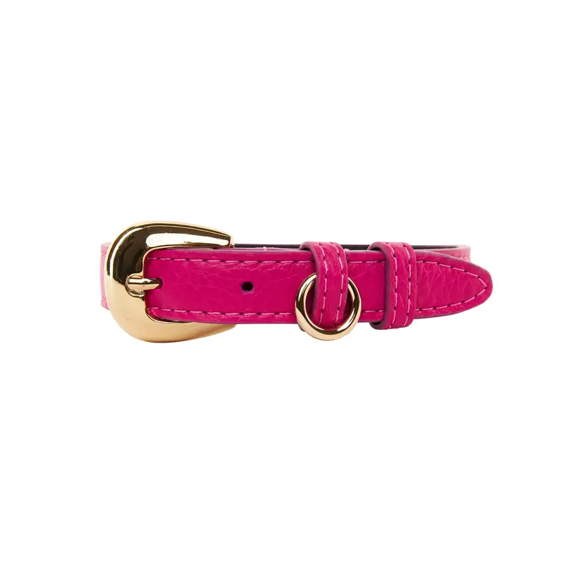 Fuchsia Pink Italian Leather Collar With Gold Oval Hardware
