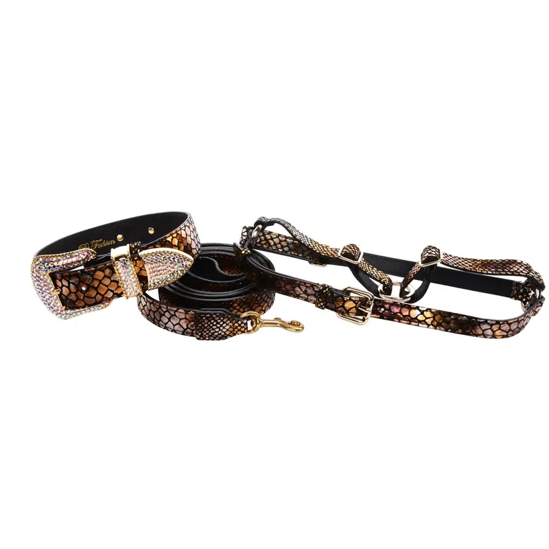 Mermaid Style Embossed Italian Leather/Swarovski Collar, Leash, Harness Set
