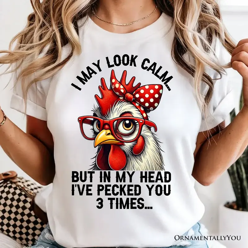 Pecking Chicken T-Shirt, Red Glasses and Bow White Tee for Sassy Women