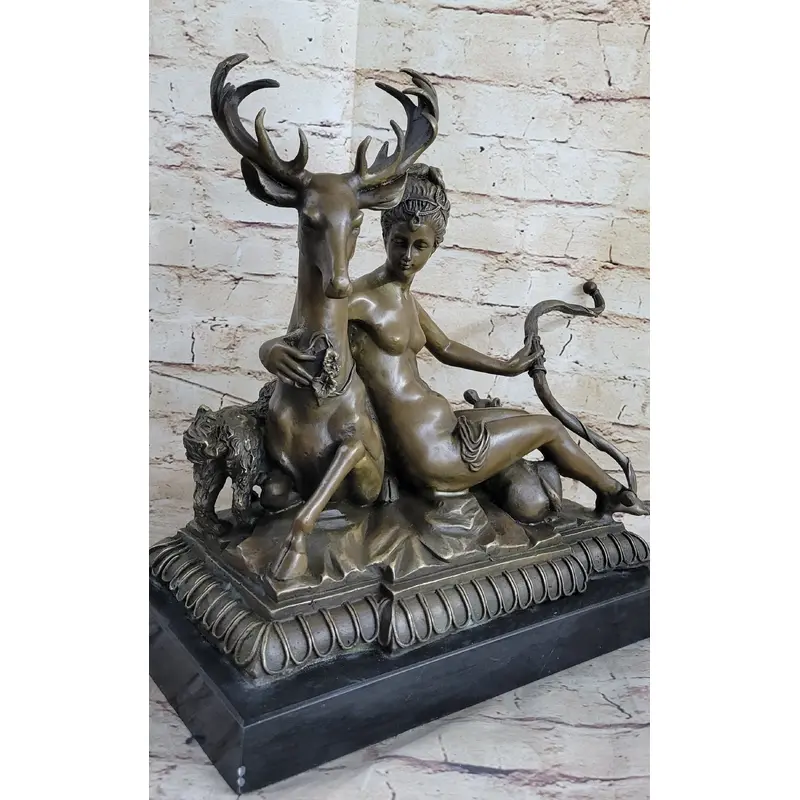 Greek Goddess Artemis Roman Diana Huntress Nude Bronze Sculpture w/ Deer by Milo