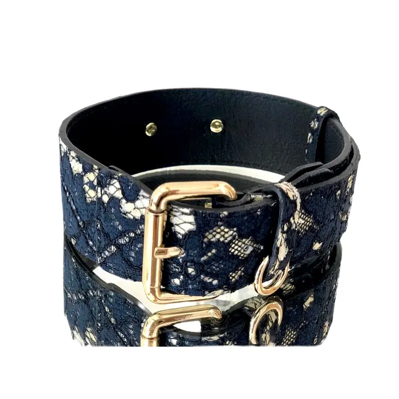 Luxury Pet Fashion Navy Lace Over Leather Collar