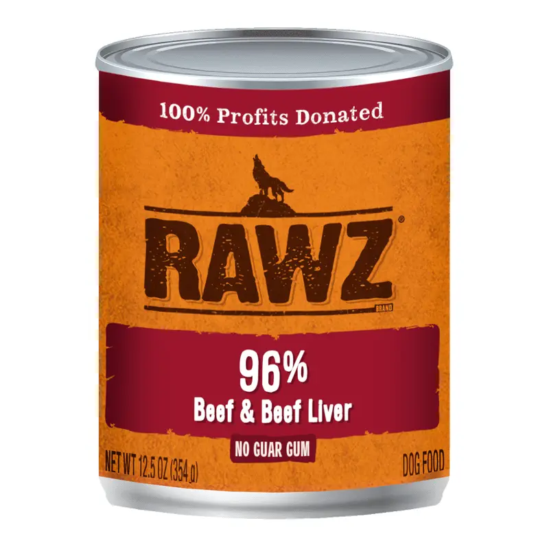 Rawz Canned Dog Food 12.5 oz Pate 96%  Beef and Liver