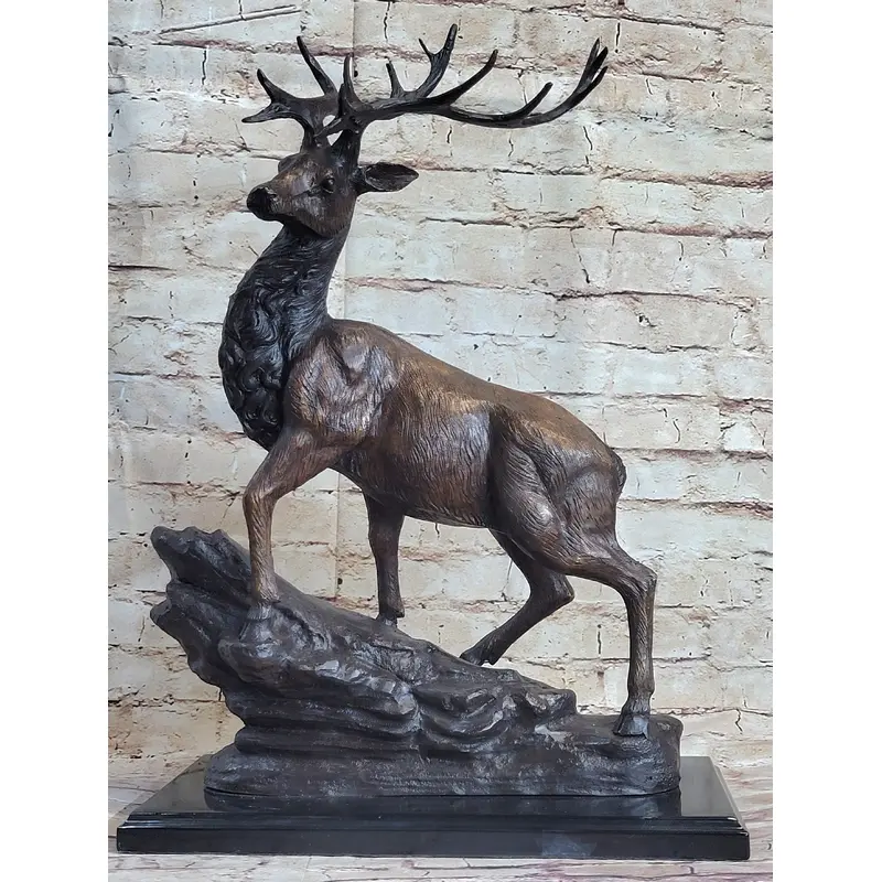 Elk Reindeer Caribou Stag Buck Wildlife Bronze Statue Sculpture on Marble Base