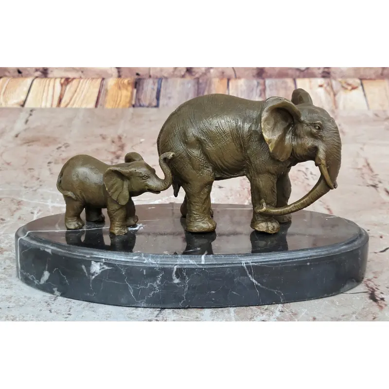 Mother and Child Elephant & Calf Barye Bronze Sculpture on Marble Base