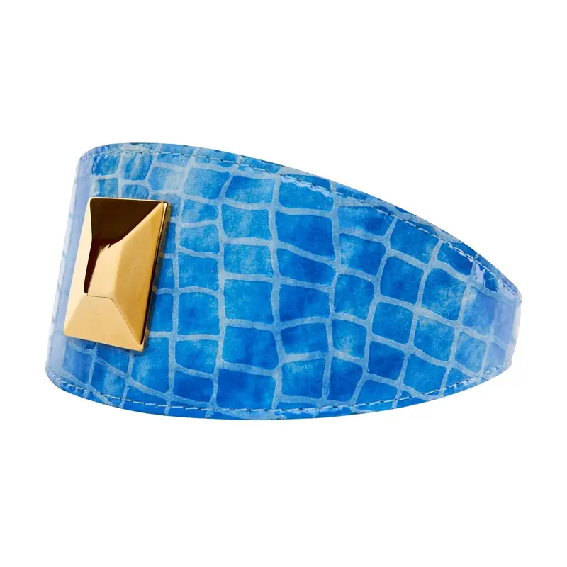 Blue Patent Embossed Croc Italian Leather Collar With Large Gold Custom Rivet