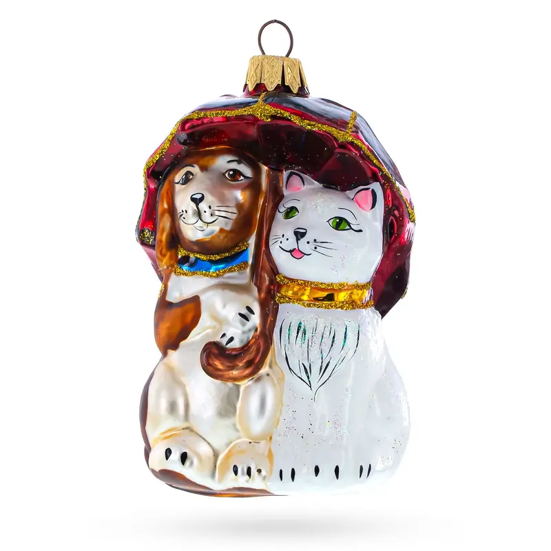 Dog and Cat Under Umbrella Glass Christmas Ornament