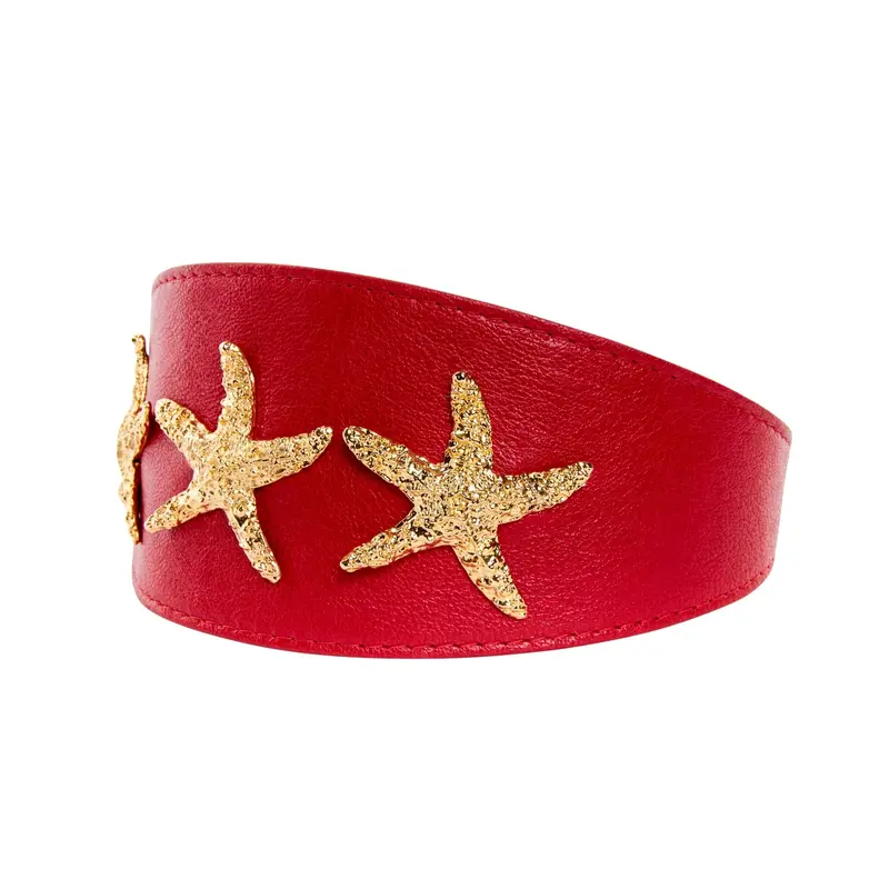 Gorgeous Red Italian Leather 3 Wide Style Collar With Custom Gold Starfish