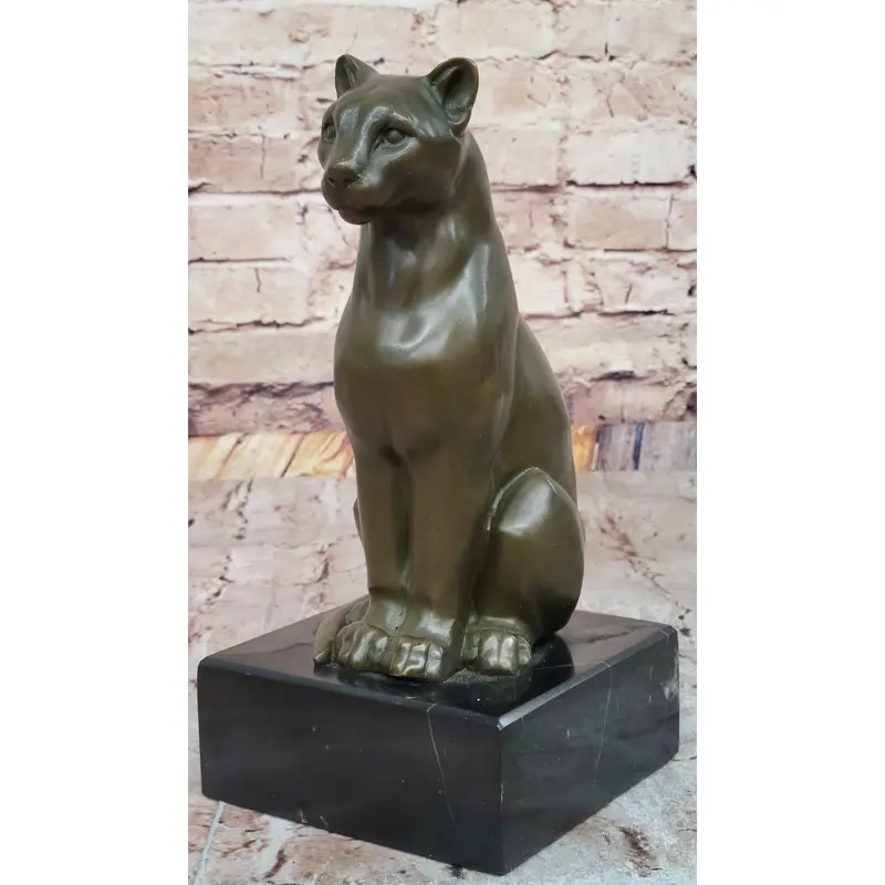Panther Puma Cougar Cat Bronze Sculpture Statue Figure on Marble Base