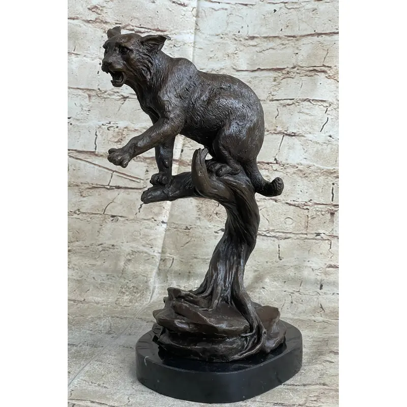 Cougar Panther Jaguar Cat Collector Bronze Marble Base Bookend Statue Art Decor