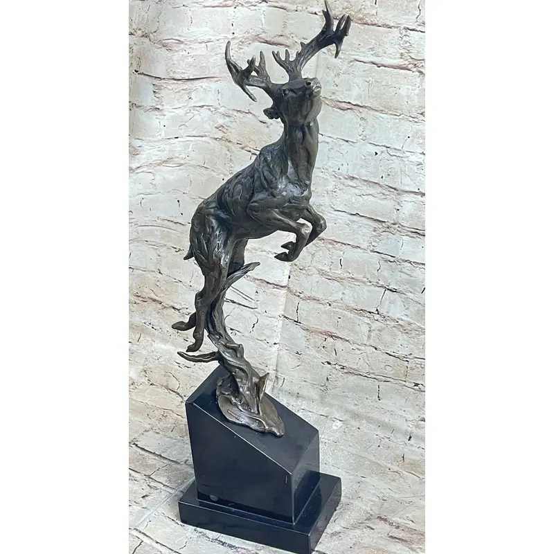 Elk Deer Caribou Stag Buck Jumping Bronze Statue Sculpture on Marble Base