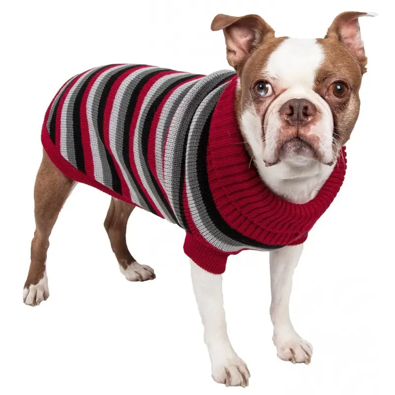 Pet Life Polo Casual Lounge Cable Knit Red Black & Grey Turtle Neck Dog Sweater