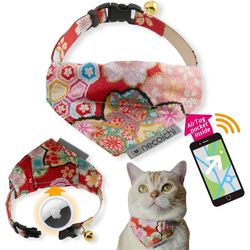 Necoichi Bandana Cat Collar with Air Tag Pocket Blossom Red