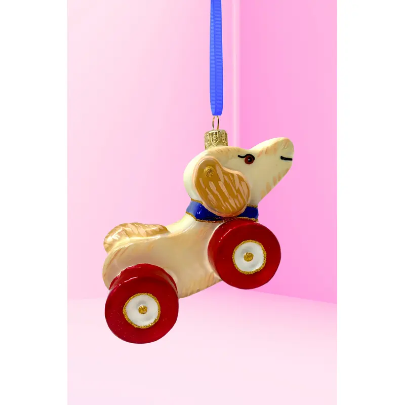 Yellow Labrador Dog Pull Toy Glass Ornament