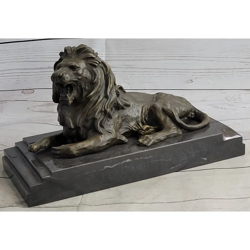 Antoine Barye Recumbent Guardian Lion   Classic Bronze Sculpture on Marble Base