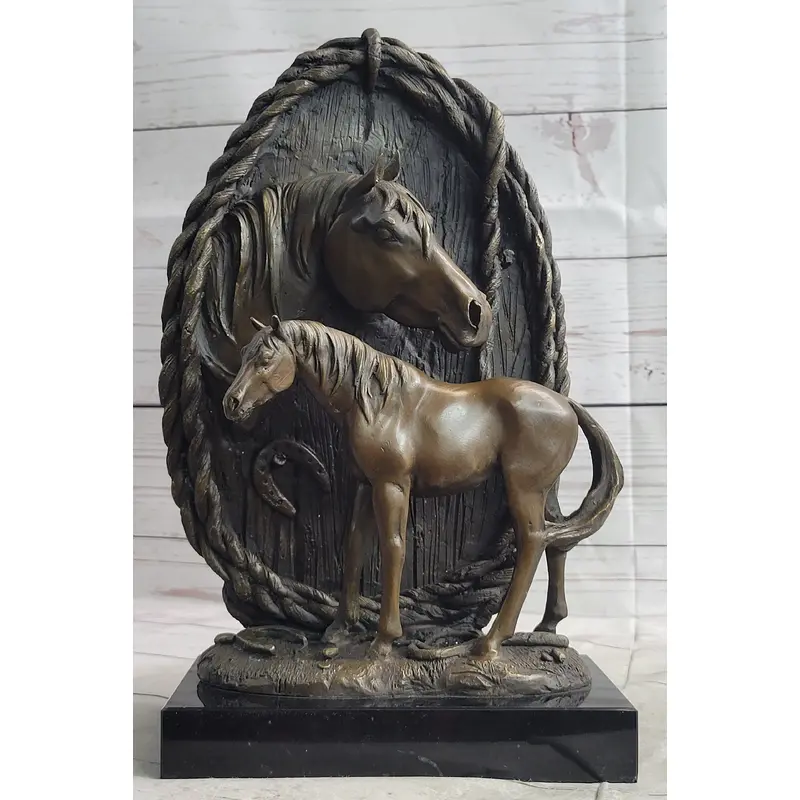 Equestrian Horse Lover Decor Mare & Foal Bronze Sculpture Statue on Marble Base